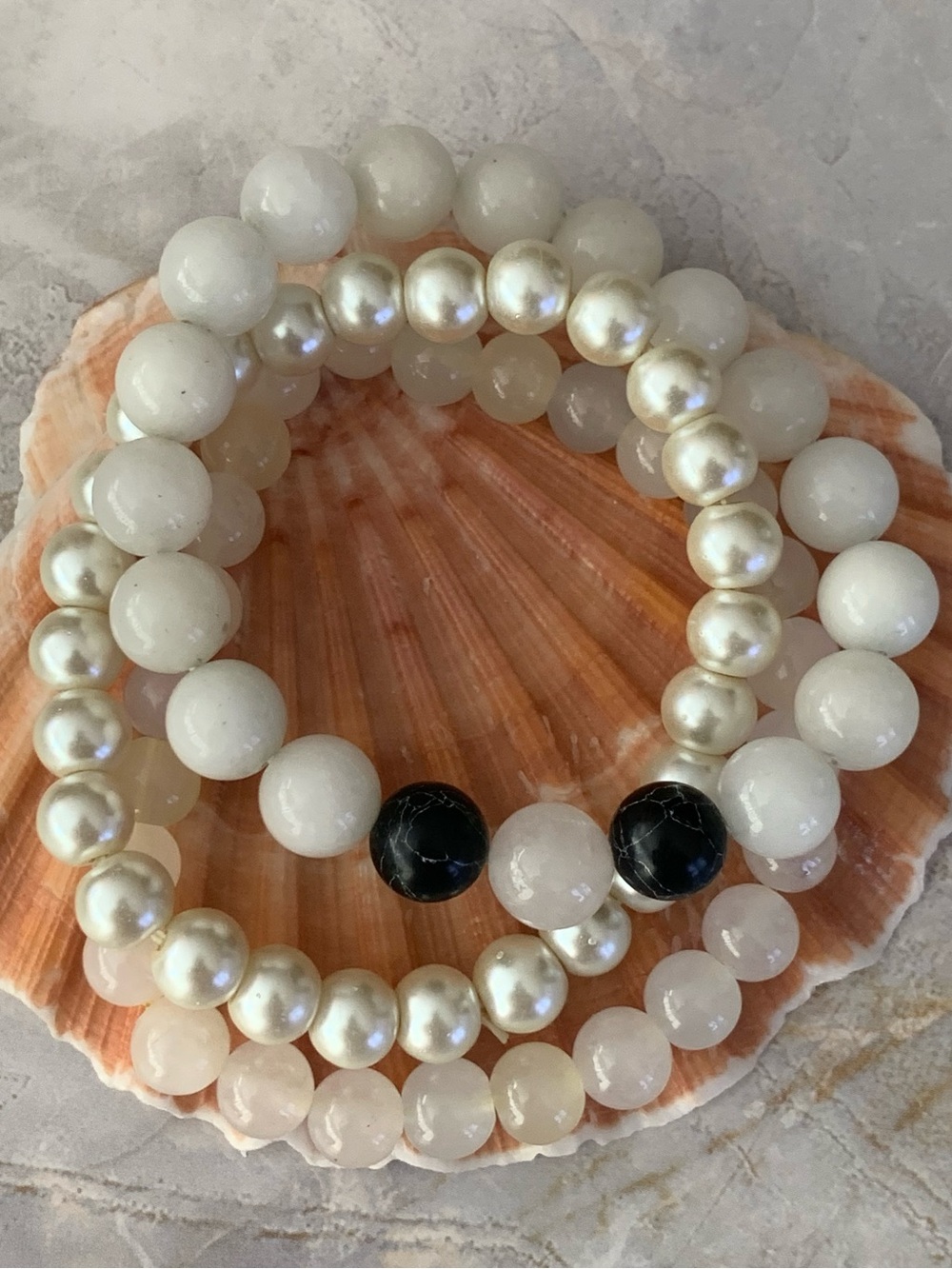 Stacking Stone and Faux Pearl Beaded Bracelet Set